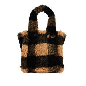 STAND STUDIO Lizzie Mini Bag Faux Fur Plaid Black Tan Handbag Purse Shearling